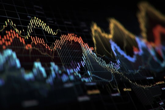 A dynamic financial chart on a digital screen, showing stock market data fluctuations with colorful graphs, lines, and bars against a dark background.