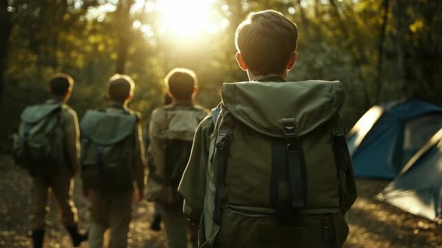 A group of Boy Scouts, dressed in uniforms and with backpacks, stand in a forest clearing during the day. They are preparing for a hike or possibly setting up a campsite.