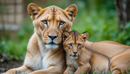 Obraz premium A tender portrait of a lioness and her cub, nestled together, showcasing the close bond of motherhood. The pair gaze directly at the viewer.