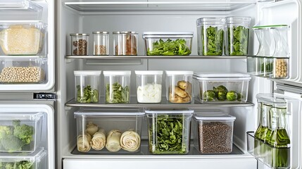 Organized refrigerator interior featuring labeled containers and fresh ingredients neatly arranged on clean shelves, symbolizing smart food storage, meal planning,modern kitchen hygiene safety concept