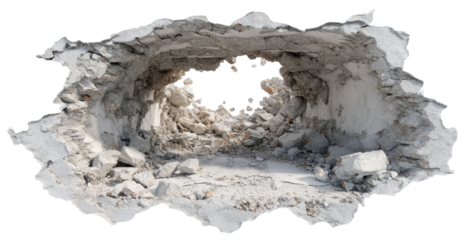 A circular hole blasted through a concrete surface, revealing the interior debris