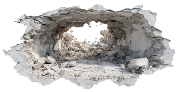 A circular hole blasted through a concrete surface, revealing the interior debris