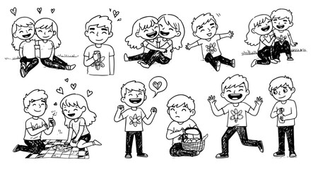Joyful Black  White Cartoon Illustrations of Loving Couples, Happy Friends, and Positive Emotions in Hand-Drawn Doodle Style