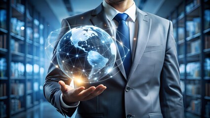 Businessman holding a digital globe in a data center representing global technology