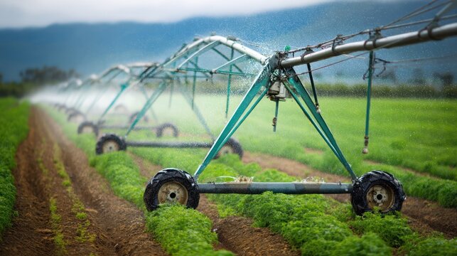 A large irrigation system watering a lush green field with mountains in the background. - Powered by Adobe