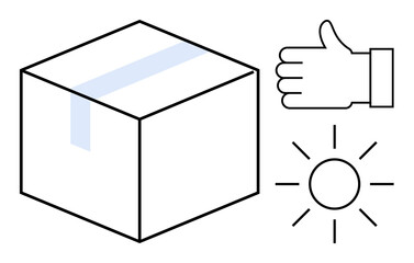 Box with sealing tape, thumbs-up for approval, and sun icon for daytime delivery. Ideal for shipping, logistics, e-commerce, customer satisfaction, usability, efficiency simple landing page