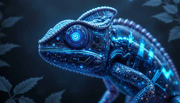 A mesmerizing close up of a chameleon with iridescent blue scales and glowing eyes set against a dark moody background with hints of foliage evoking a sense of mystery and the digital world - Powered by Adobe