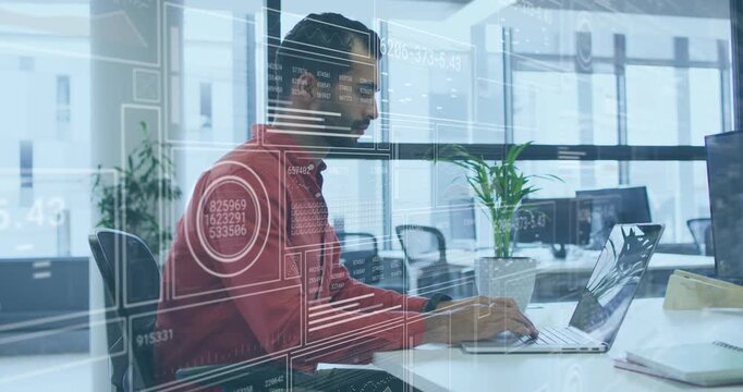 Software engineer typing on laptop in office generating holograms sipping coffee resuming coding