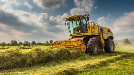 Obraz premium A yellow tractor harvesting hay in a green field with a blue sky and white clouds.