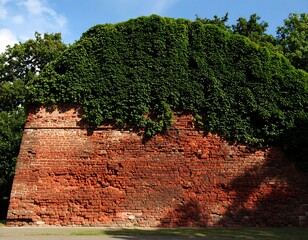 Ancient brick wall overgrown with ivy