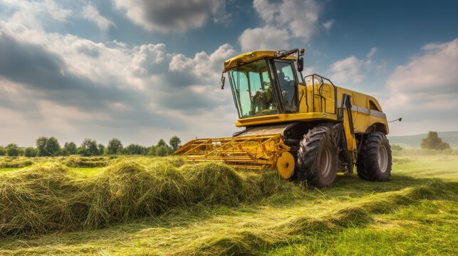 A yellow tractor harvesting hay in a green field with a blue sky and white clouds.