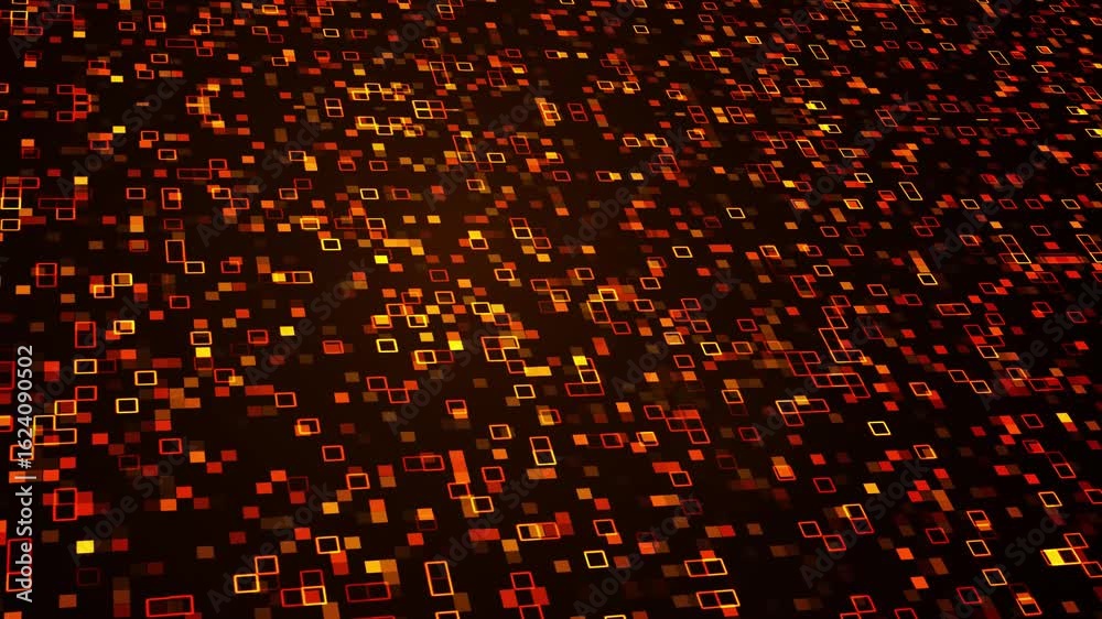 Sticker perspective orange red squares patterns glowing dynamically on dark video background, creating mesme