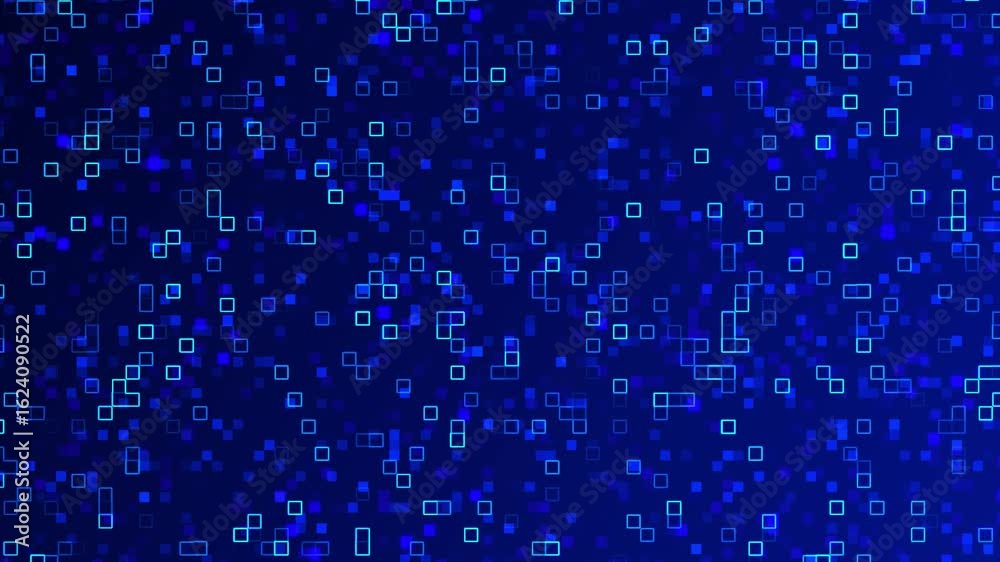 Wall mural neon pixel squares patterns glowing on dark video background randomly for abstract, digital, technol