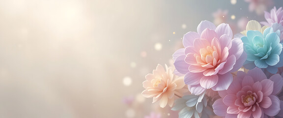 Soft focus pastel floral arrangement with delicate bokeh and shimmering light effects creating a dreamy ethereal atmosphere perfect for romantic or celebratory themes