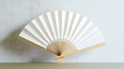 White folding fan with wooden handle on a white background. Illustration for fan and background design mockup.