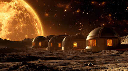 Futuristic dome structures on a desolate moon surface with a large planet.