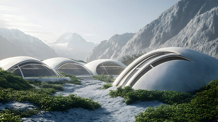 Futuristic domed structures nestled in a mountain valley with surrounding vegetation.