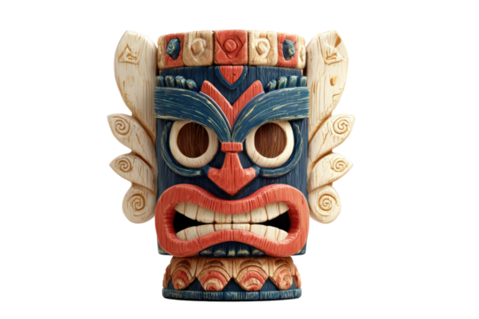 A stylized, digital tiki mask, angry expression