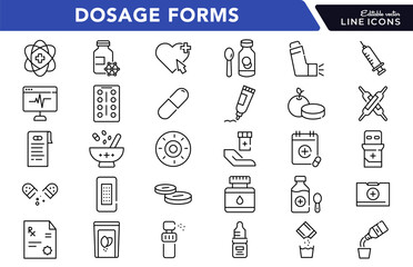 Dosage forms linear icon set. Tablet, capsule, syrup, injection, ointment, drop, powder, inhaler, cream, gel, patch, vial, bottle, blister pack, drug delivery vector icon set. UI thin line pack