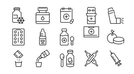 Dosage forms linear icon set. Tablet, capsule, syrup, injection, ointment, drop, powder, inhaler, cream, gel, patch, vial, bottle, blister pack, drug delivery vector icon set. UI thin line pack