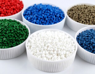 Colorful plastic resin pellets in white bowls