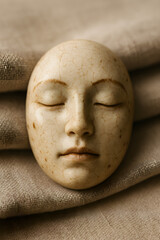 intage Porcelain Face Mask with Cracked Texture on Fabric Background