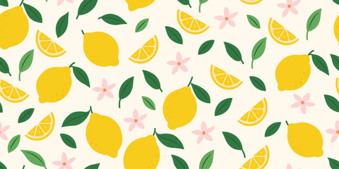 Hand drawn vintage seamless pattern with lemons, flowers and leaves. Citrus tropical fruits. Summer italian vacation concept. Trendy mediterranean background for paper, cover, fabric, textile.
