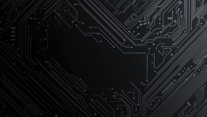 Abstract black circuit board design showcasing intricate lines and patterns, emphasizing technology and digital themes.