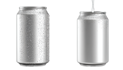 Two aluminum beverage cans, one full, one open.  A pouring liquid is shown flowing into the open can.  Both cans are silvery-gray, showing condensation