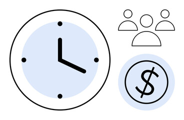Clock representing time management, dollar symbolizing finances, and three figures denoting teamwork. Ideal for productivity, planning, resource management, cost efficiency, collaboration