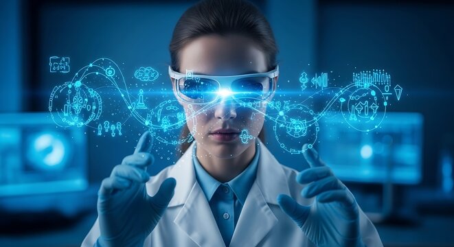 Female scientist wearing futuristic smart glasses interacts with glowing blue holographic data streams in a lab.