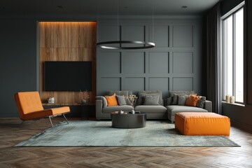 Modern living room with gray walls, light wood, soft carpet, sofa, and orange chair