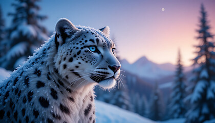 Fototapeta premium Majestic snow leopard with striking blue eyes gazes intently into a serene winter mountain landscape at dawn with soft pastel sky and snow covered trees