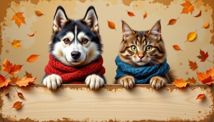 husky and british shorthair cat looking over a banner with falling autumn leaves