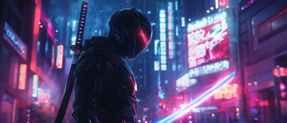 Ninja in a neon lit city at night