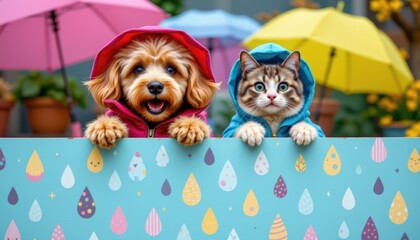 golden doodle and a siamese cat in raincoats and rain boots peeking over a banner with raindrop patt