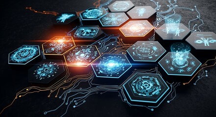Interconnected glowing hexagonal tech panels with digital interfaces and circuit pathways on a dark, futuristic background.