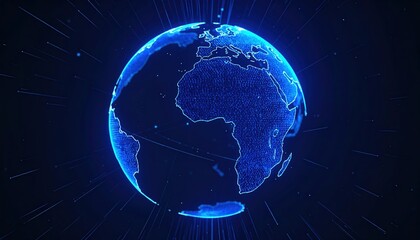 Stunning digital rende of the Earth highlighting the continents of Africa and South America with a glowing neon blue outline set against a dark space background with dynamic light effects