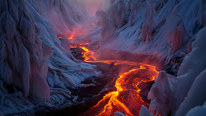 Fiery lava river flowing through frozen icy canyon with glowing mist volcano fire