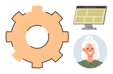 Large gear symbolizing process, next to a computer monitor showing dashboard, and a smiling woman in a circle. Ideal for teamwork, technology, workflow, management, operation, innovation simple flat