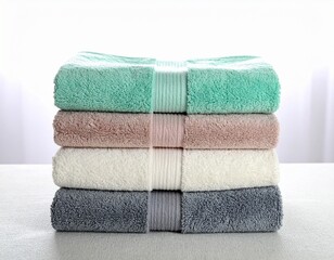 Aesthetic towel stack styled on a neutral textured fabric with pastel shades of seafoam green, blush, off-white, and ash grey. Soft backlighting and shadows for depth.
