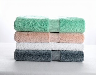 Aesthetic towel stack styled on a neutral textured fabric with pastel shades of seafoam green, blush, off-white, and ash grey. Soft backlighting and shadows for depth.