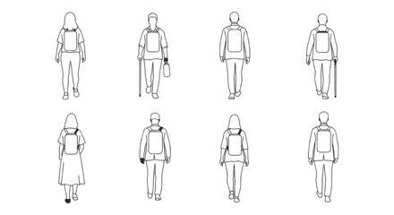 Vector art of group of people walking viewed from behind isolated on white background