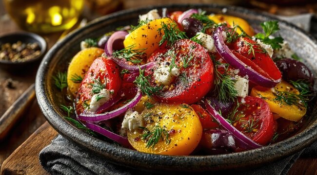 Vibrant salad of sliced tomatoes, red onion, olives, feta, and herbs - Powered by Adobe