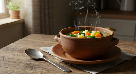 Cozy Steaming Vegetable Soup in Rustic Bowl on Wooden Table in Warm Kitchen Light