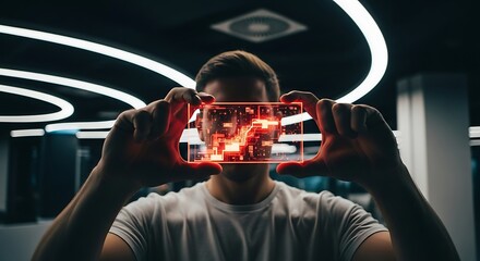 Person Holding Transparent Red Digital Screen with Glowing Circuitry