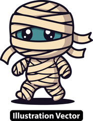 Adorable chibi mummy cartoon with big eyes. Cute vector illustration for a Halloween monster.
