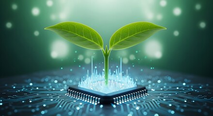 Fototapeta na wymiar Green plant sprout growing from a glowing computer chip on a dark circuit board, symbolizing biotech innovation and sustainable technology.