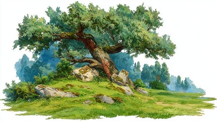 Illustration of an old oak tree standing on a green hill at summertime. Isolated on white background.