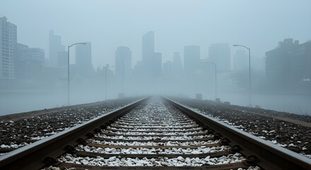 Fototapeta premium Railway Tracks Leading to a Misty Cityscape Silhouette, creating atmospheric depth with urban